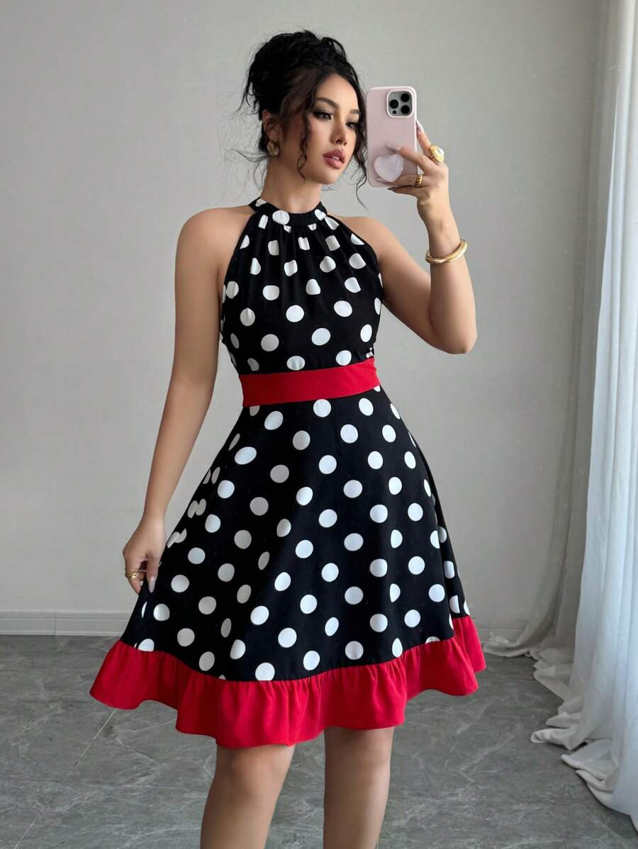 Vaclyn Women's Polka Dot Print Fashion Halter Neck Short Mini Dress | SHEIN