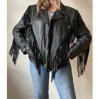 1980S 80S Fringe Black Leather Biker Coat Quilted Insulated Medium | Etsy (US)