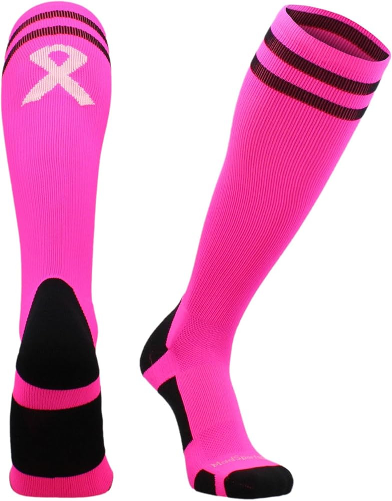 MadSportsStuff Pink Ribbon Breast Cancer Awareness Socks with Stripes for Baseball Softball Footb... | Amazon (US)