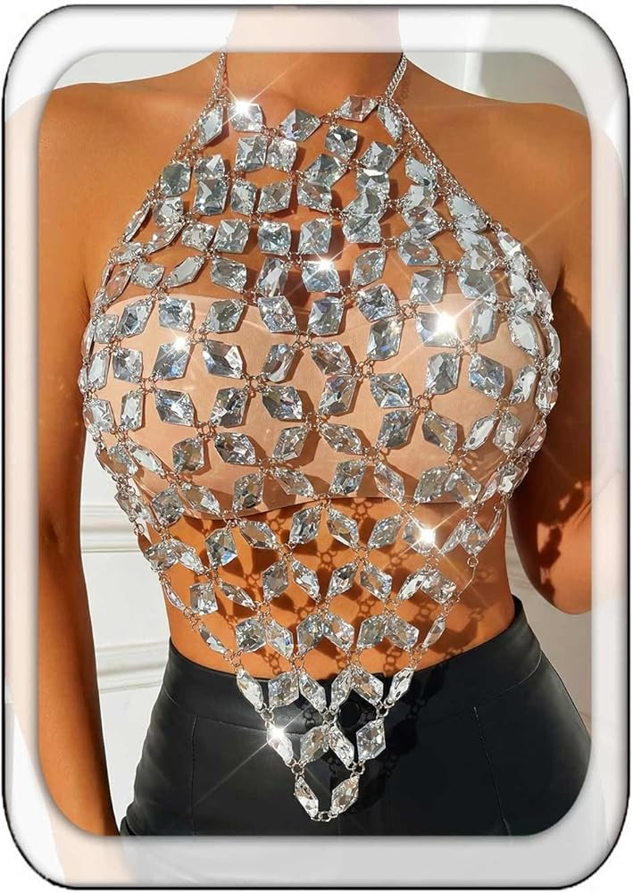 Aukmla Crystal Bra Body Chain Top Silver Rhinestones Halter Crop Tops Beach Bikini Chest Chains B... | Amazon (US)