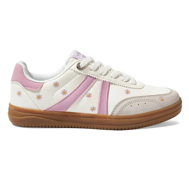 LUCKY STEP Fashion Floral Embroidery Retro Sneakers Casual Walking Shoes,White/Pink,Womens | Walmart (US)