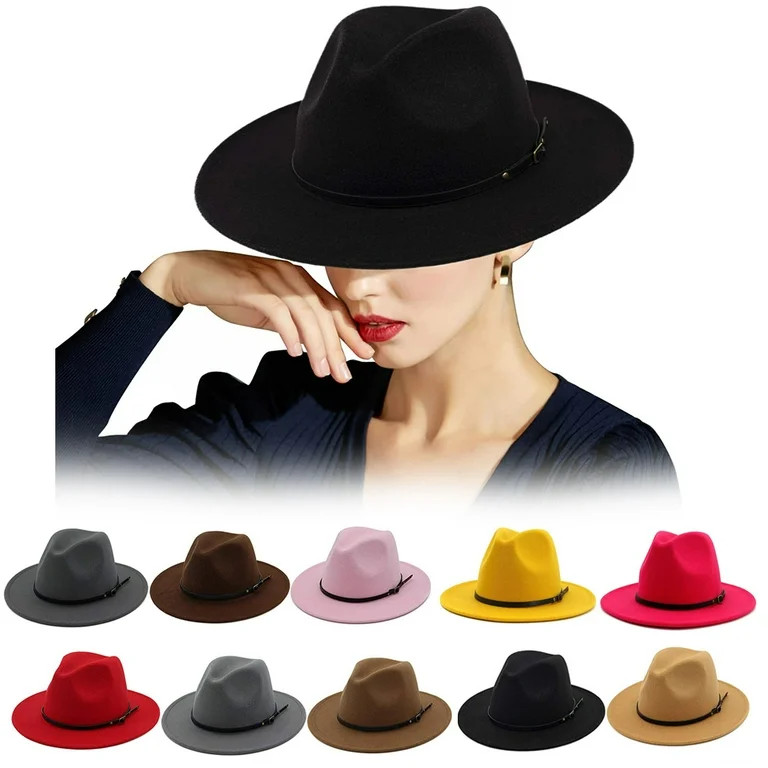 Gyouwnl Women Vintage Felt Fedora Hat Wide Brim Wool Panama Hats with Belt Buckle Solid Color Bow... | Walmart (US)