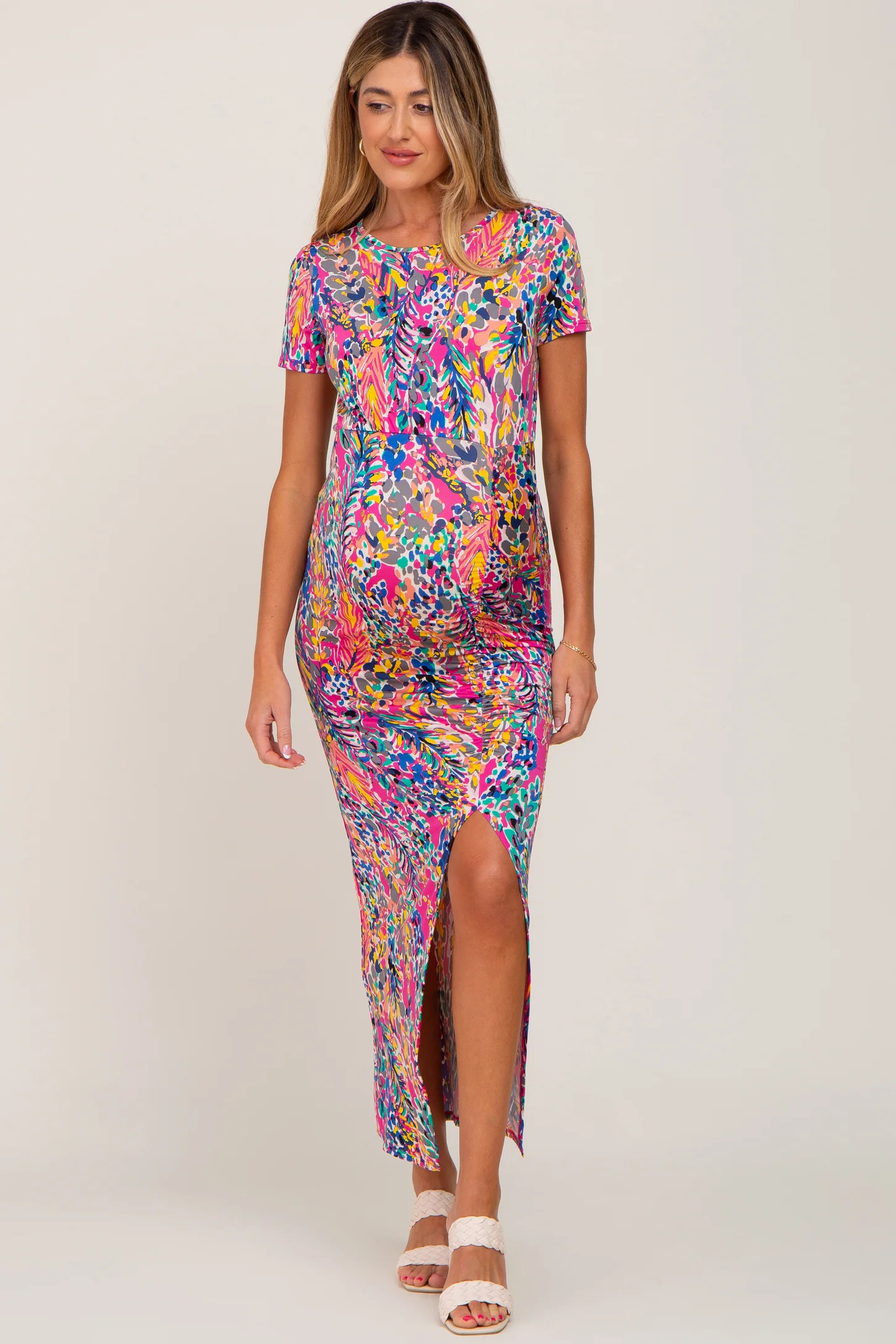 Fuchsia Multi-Color Floral Side Slit Maternity Maxi Dress | PinkBlush Maternity