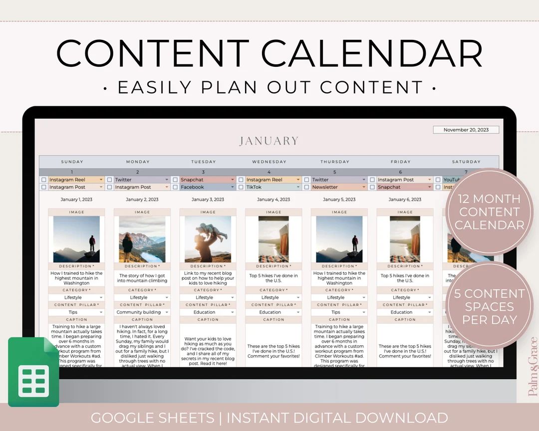 Social Media Content Calendar Google Sheets, Digital Content Planner Spreadsheet, Social Media Pl... | Etsy (US)