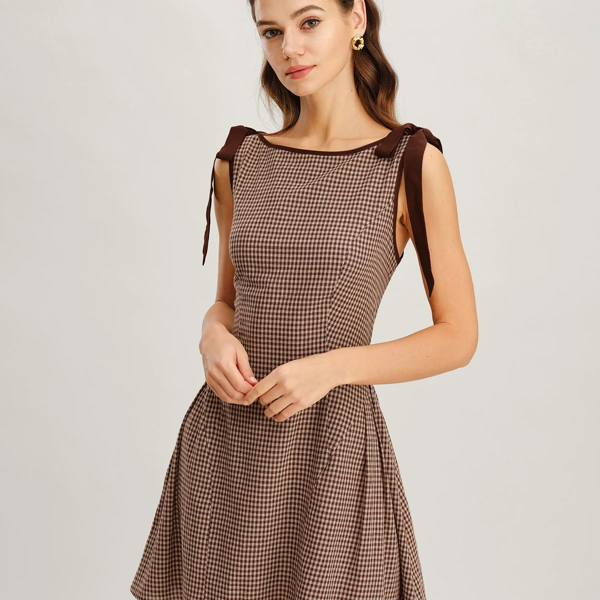 Brown Gingham Tie Strap Mini Dress & Reviews - Brown - Dresses | RIHOAS | rihoas.com