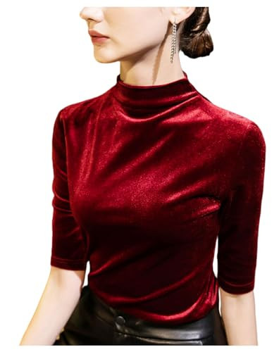 Women Vintage Velvet Tops Mock Neck Half Sleeve Slim Fit Velour Pullover Elegant Work Shirts Blouse Spring Clothes (Wine red,Small,Small,Female,Adult,US,Alpha,Regular,Regular) | Amazon (US)