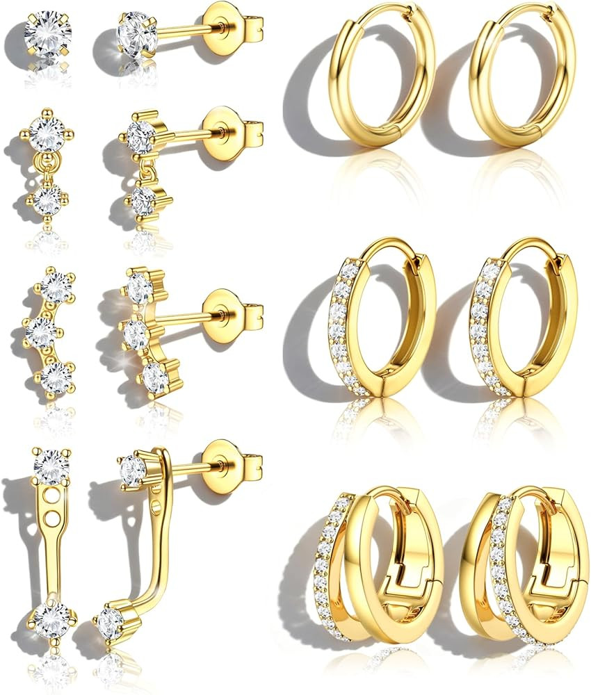 BESTEEL 7Pairs Hypoallergenic Gold Earrings for Women Trendy Small Stud Huggie Hoop Earing Stacks... | Amazon (US)