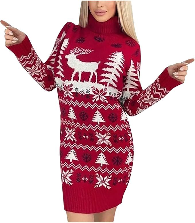 Sweater Dresses for Women 2022 Slim Funny Christmas Snow Reindeer Print Knit Round Neck Fit Long ... | Amazon (US)