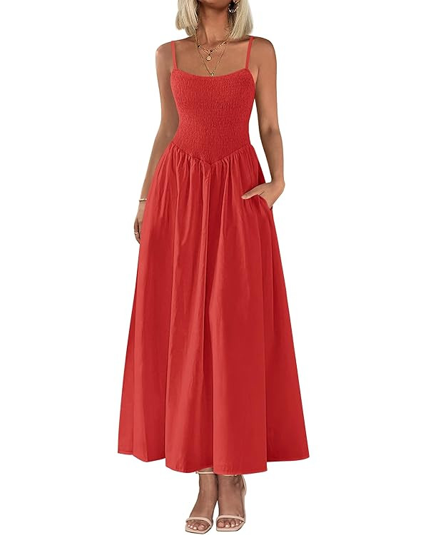PRETTYGARDEN Women's Smocked Maxi Dresses 2025 Summer Beach Sundress Casual Spaghetti Strap Swing... | Amazon (US)