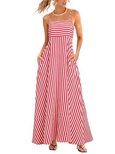 CUPSHE Womens Summer Maxi Dress Casual Sleeveless Square Neck Striped Beach Long Dress with Pockets Red M | Amazon (US)