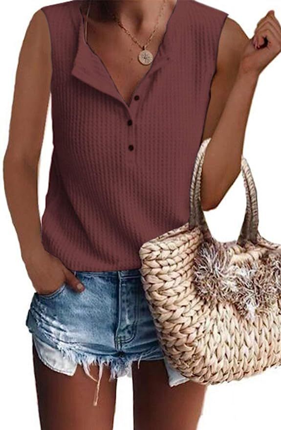 Famulily Women's Flowy Waffle Knit Tank Tops Loose Button Up V Neck Henley Shirts | Amazon (US)
