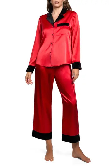 In Bloom by Jonquil Josie Velvet Trim Satin Crop Pajamas in Red at Nordstrom Rack, Size X-Large | Nordstrom Rack