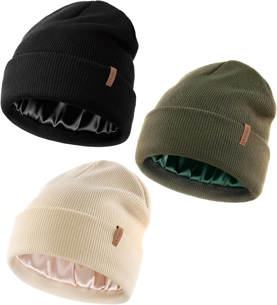 FURTALK Womens Winter Warm Satin Lined Beanie Hats Silk Lining Unisex Knit Slouchy Caps | Amazon (US)