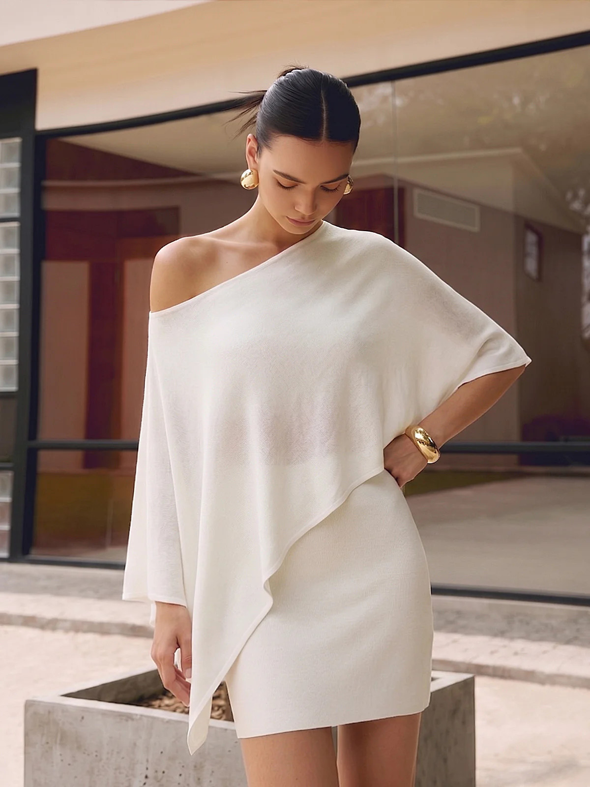 Asymmetric Knit Cape Top & Mini Skirt Set | Commense
