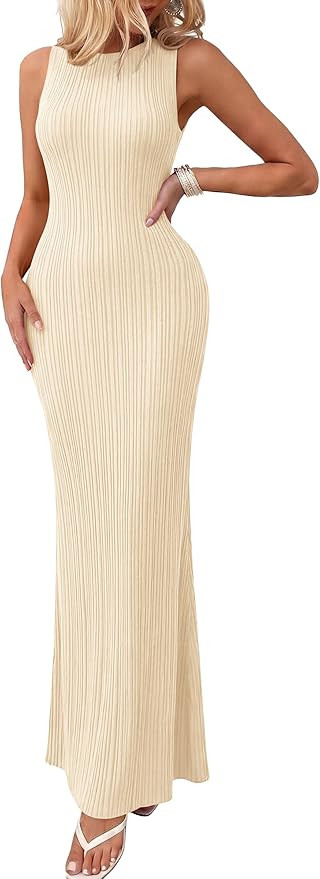 Ribbed Textured, Sleeveless Tank Dress, Fitted Long Sundresses, Casual Elegant, Summer Date Night... | Amazon (US)