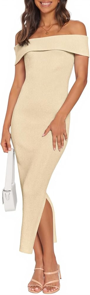 MEROKEETY Women's 2025 Off Shoulder Bodycon Midi Dress Summer Spring Formal Elegant Knit Sweater ... | Amazon (US)