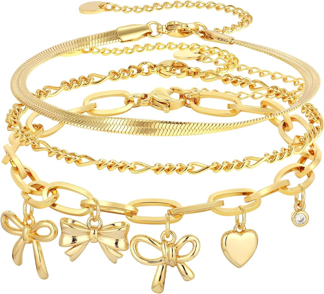 3PCS Charm Gold Bracelets for Women Non Tarnish,14k Plated Gold Bracelet Stack Cute Dainty Stacka... | Amazon (US)