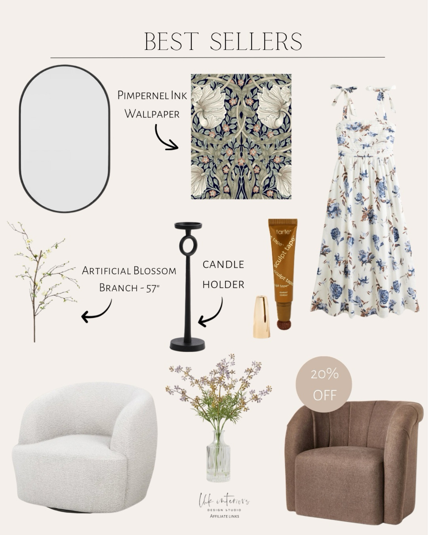 Best Sellers
Channeled curved back accent chair / sculpt tape contour / artificial blossom branch / faux wildflower arrangement / metal ring candle holder / pimpernel ink wall paper / bodhe upholstered swivel barrel chair / pill shape vanity mirror / tie-strap maxi dress 

#LTKSpringSale #LTKhome #LTKsalealert