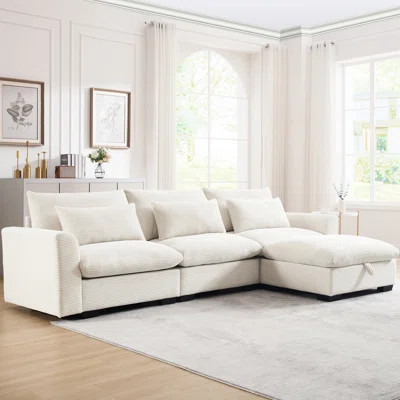 Corduroy Sectional For Living Room With 3 Pillows And Space Storage, Beige Couch Storage Footstool | Wayfair North America