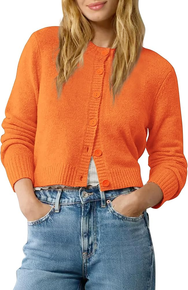 Urban CoCo Women's Crew Neck Cropped Cardigan Sweaters Long Sleeve Open Front Button Down Shrug S... | Amazon (US)