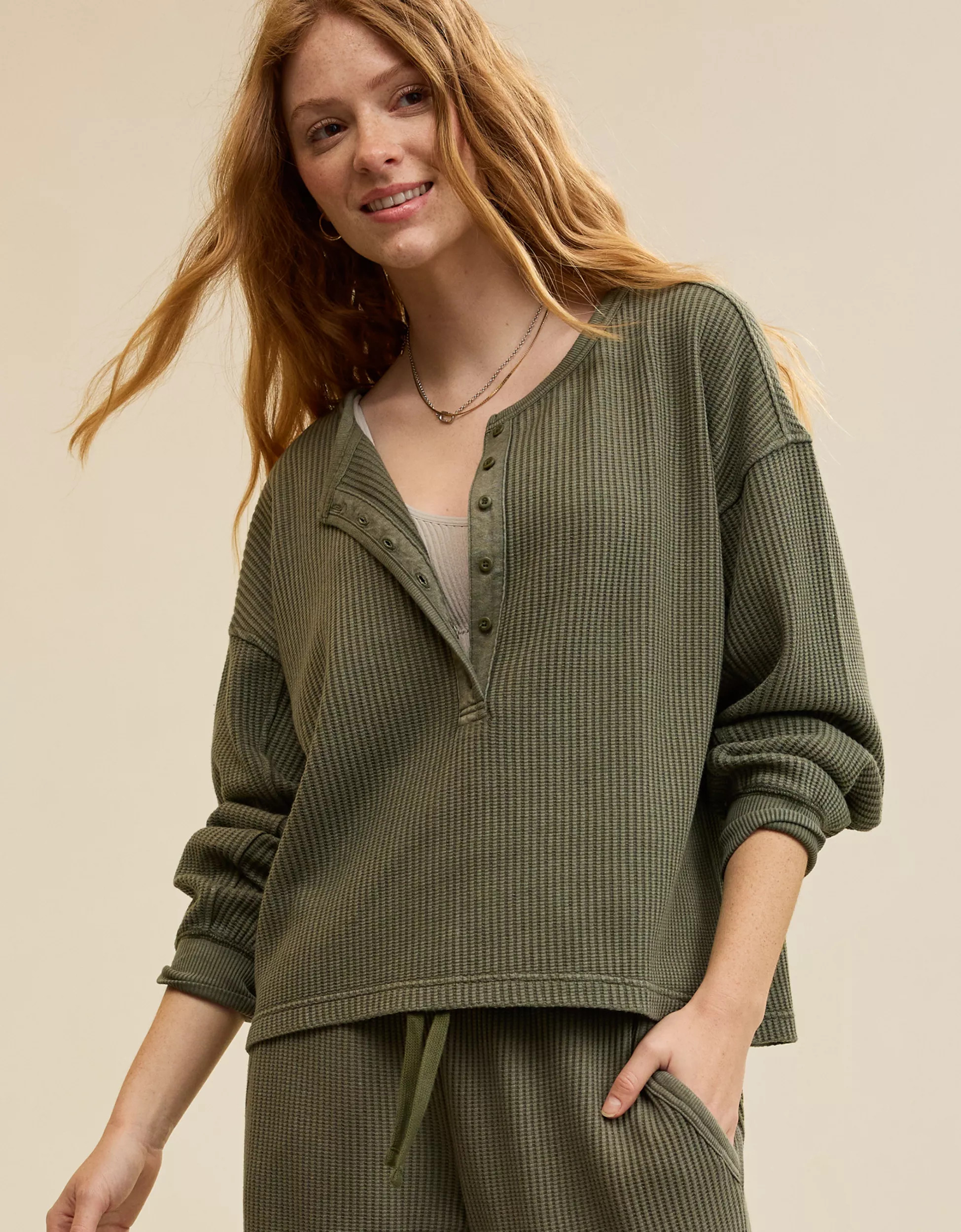 Aerie Waffle Henley Sweatshirt | American Eagle Outfitters (US & CA)