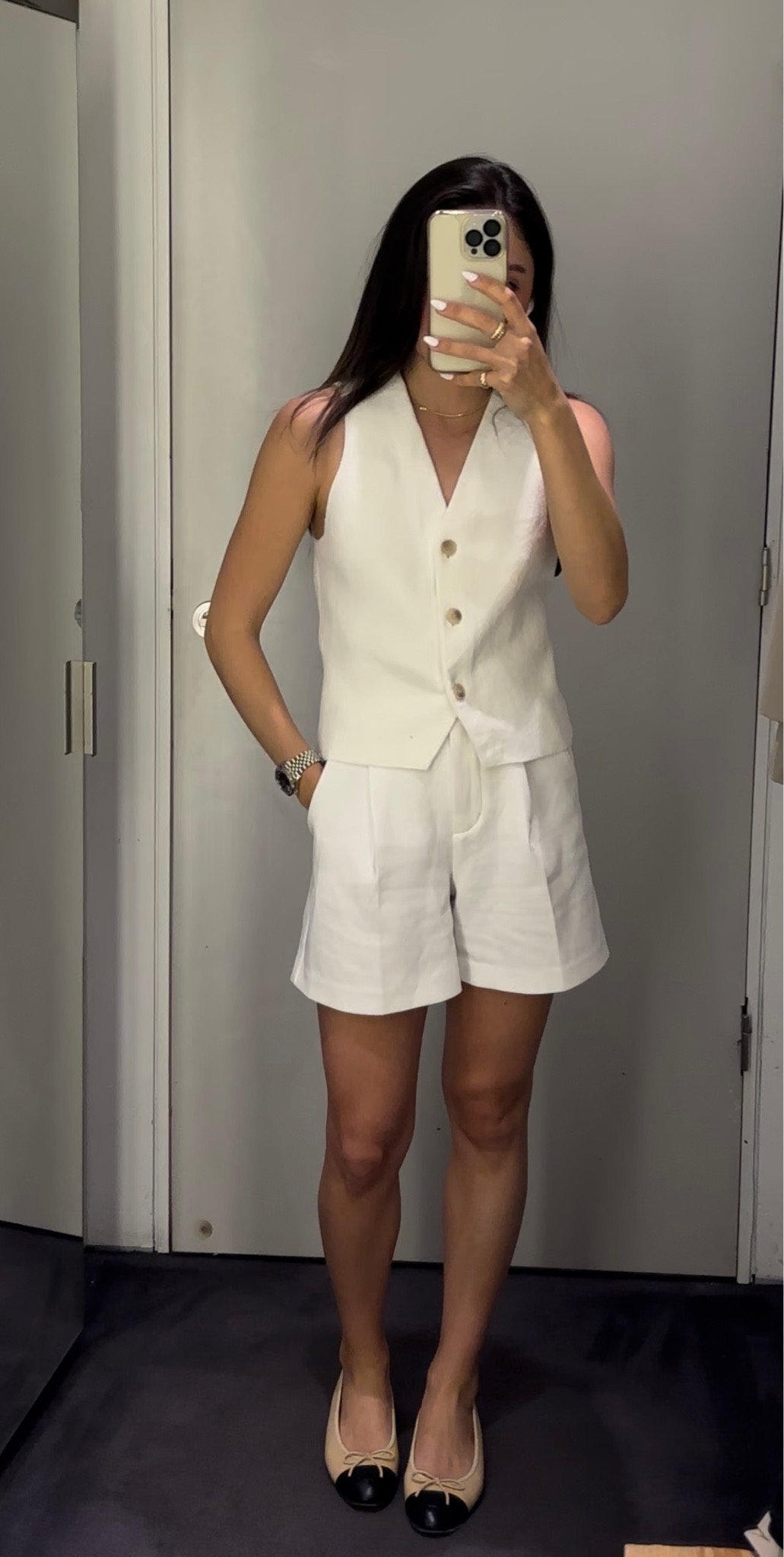 Sofia Richie inspired look, tailored vest, white shorts, matching short and vest set. Ballet flats.

#LTKFind