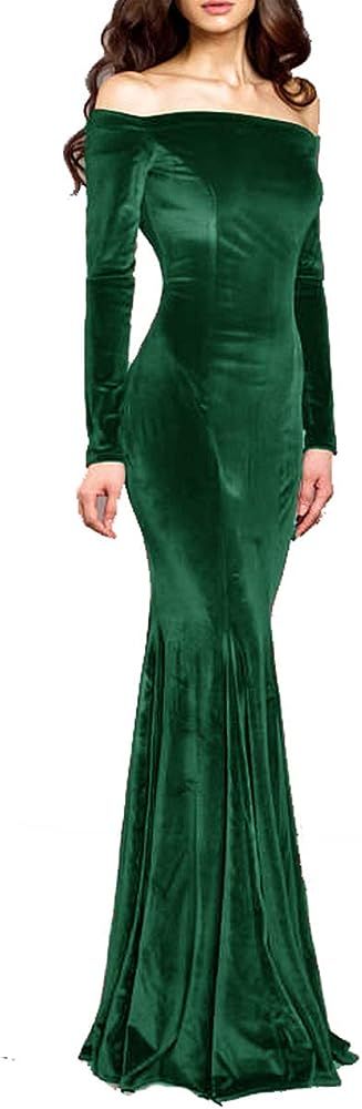 TTYbridal Off The Shoulder Velvet Mermaid Evening Gown Long Prom Party Dresses with Two Sleeves | Amazon (US)