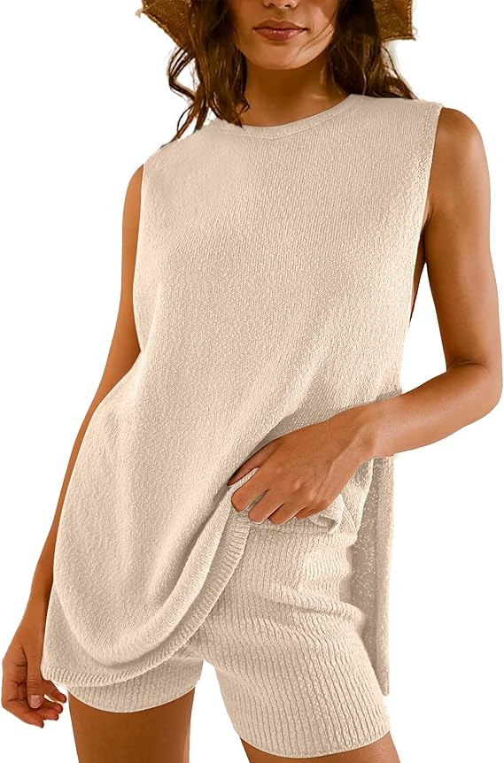 Women Summer 2 Piece Sweater Sets Casual Crew Neck Sleeveless Knit Tank Top Mini Shorts Lounge Se... | Amazon (US)