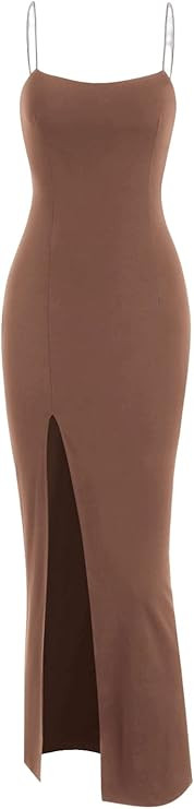 ZAFUL Women's Solid Spaghetti Strap Thigh Split Slinky Maxi Dress | Amazon (US)