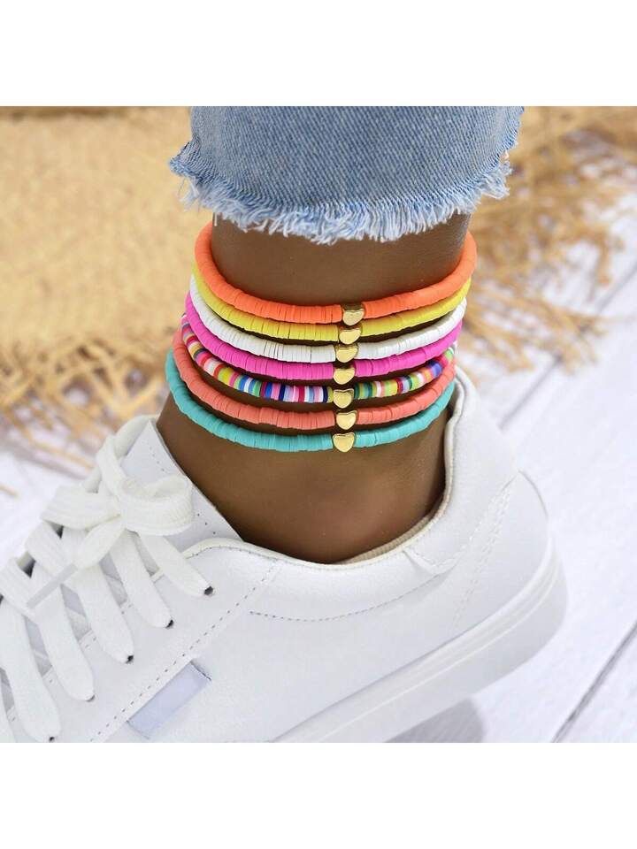 7pcs/Set Bohemian Style Random Color Polymer Clay Heart Beaded Anklet For Women | SHEIN