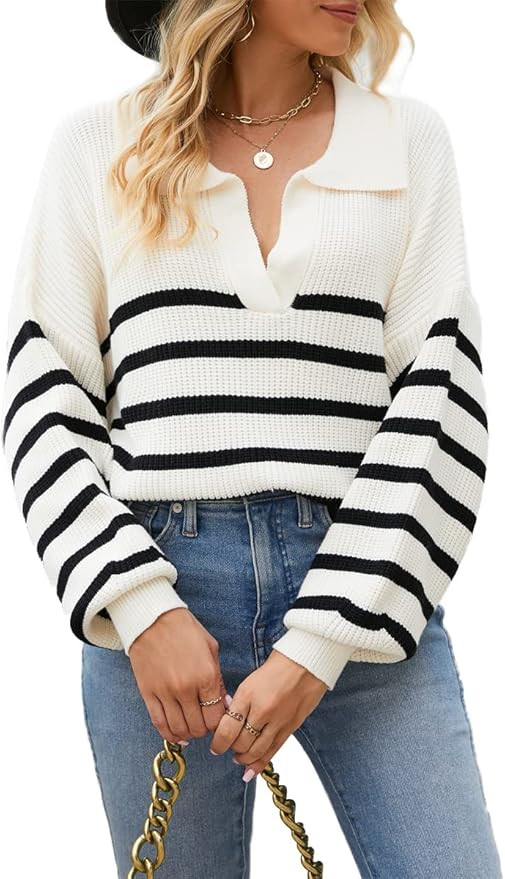 CHYRII Women Overized Puff Long Sleeve V Neck Knitted Polo Pullover Sweater Jumper Tops | Amazon (US)