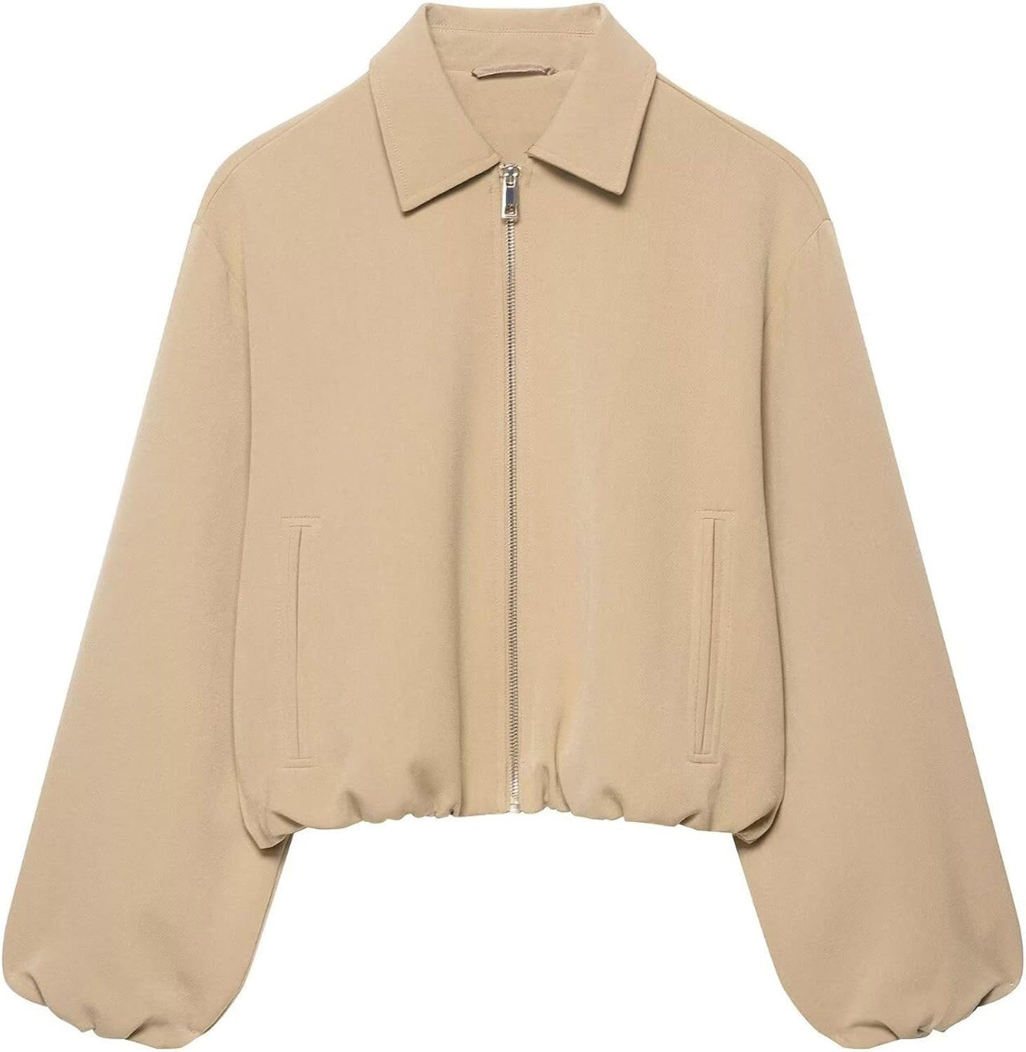 Xunger Women’s Cropped Bomber Jacket Puffed Sleeves Zip Up Trendy Casual Streetwear Outerwear with Pockets | Amazon (US)