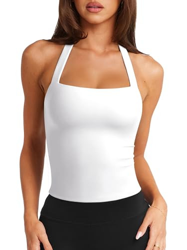 LASLULU Womens Square Neck Workout Tops Sports Bra Longline Padded Bra Sexy Halter White Tank Athletic Fitness Summer 2026 Yoga Pilates Tops(White,Large) | Amazon (US)