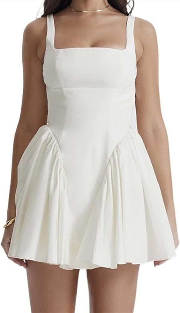 Ladies Square Neck Strap Bow Open Back High Waist Dress | Amazon (US)