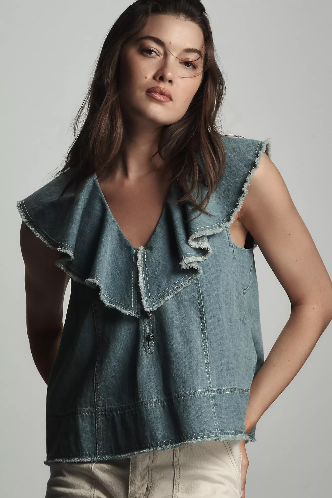 Pilcro Ruffle-Neck Denim Swing Blouse | Anthropologie (US)