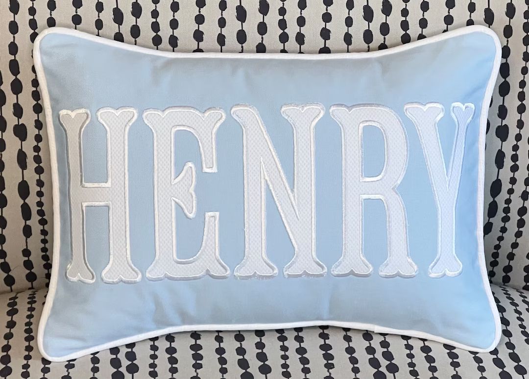 Nursery Pillow With Applique Name, Light Blue and White Long Lumbar Pillow, Insert Included, Many... | Etsy (US)