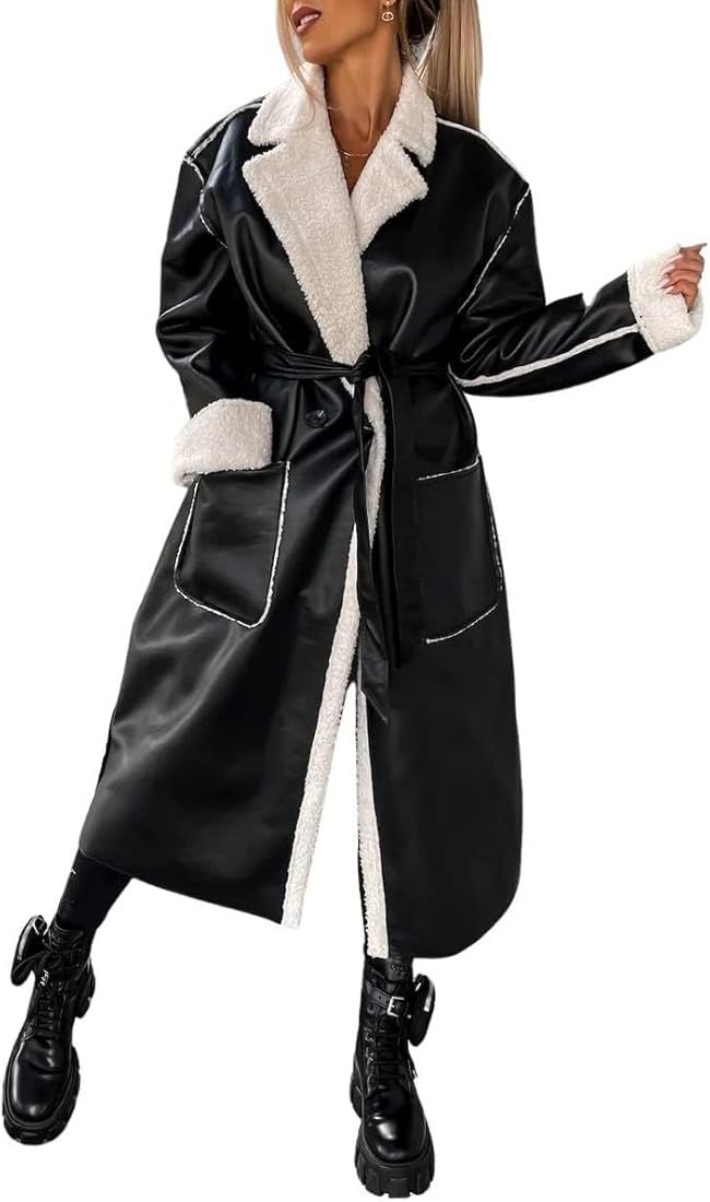 chouyatou Women's Thick Windproof Faux Leather Sherpa Lined Belted Long Trench Coat Outerwear | Amazon (US)
