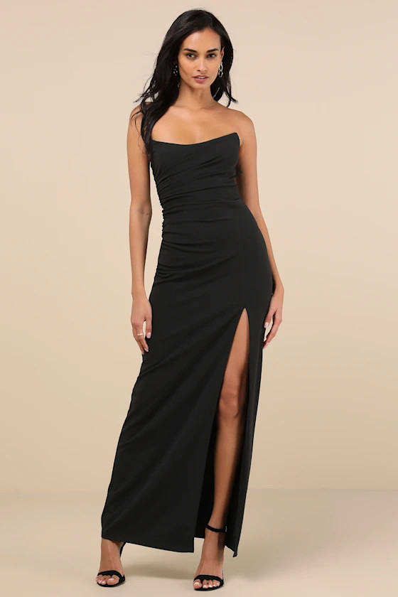 Malia Black Ruched Strapless Maxi Dress | Lulus