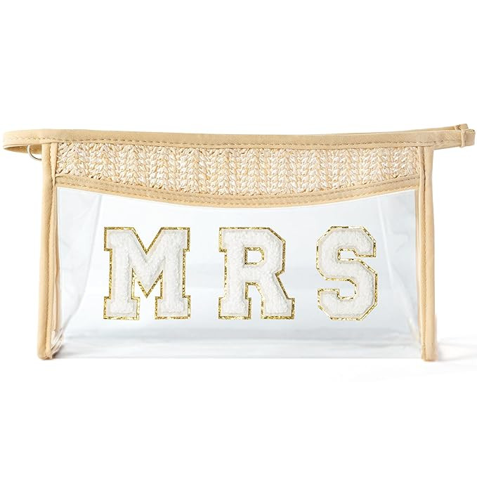 Boho Patch Cosmetic Bag - Summer MRS Chenille Varsity Letter Toiletry Bag Beige Clear Waterproof ... | Amazon (US)