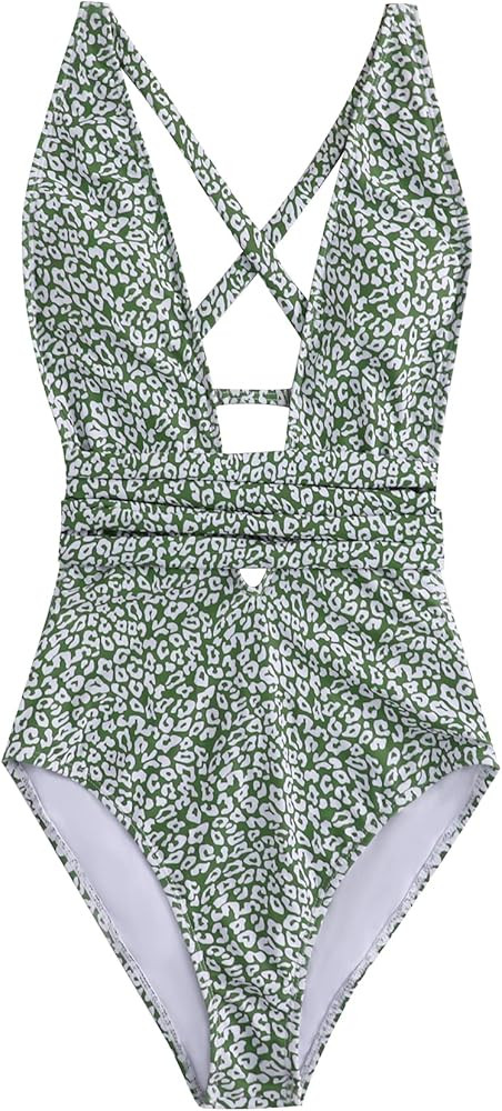 SweatyRocks Women's Sexy Bathing Suits Criss Cross Tie Knot Front Deep V Open Back Leopard One Pi... | Amazon (US)