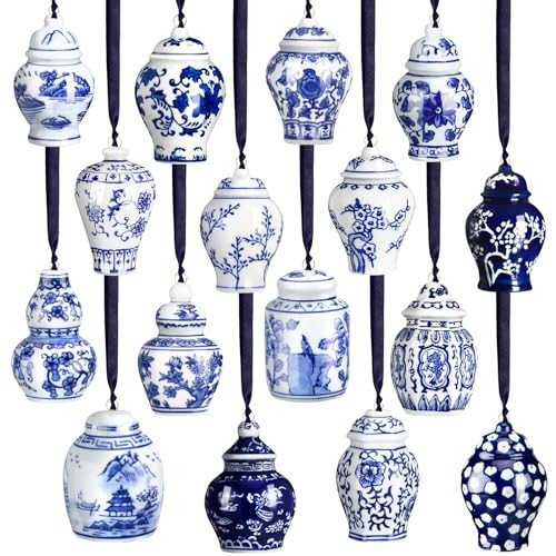 Christmas Mini Ginger Jar Ornaments Chinoiserie Porcelain Hanging Ornaments Blue and White Christmas Ornaments Vintage Chinoiserie Christmas Hanging Pendant for Tree Decor (Exquisite Style,16 Pieces) | Amazon (US)