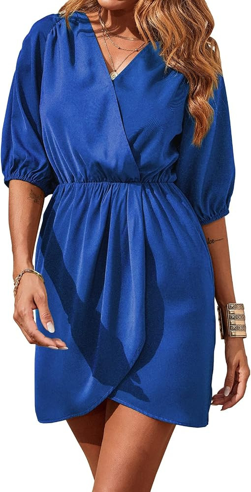 BTFBM Women's Wrap V Neck Casual Summer Dresses Short Sleeve High Waist Front Split Solid Color Beac | Amazon (US)