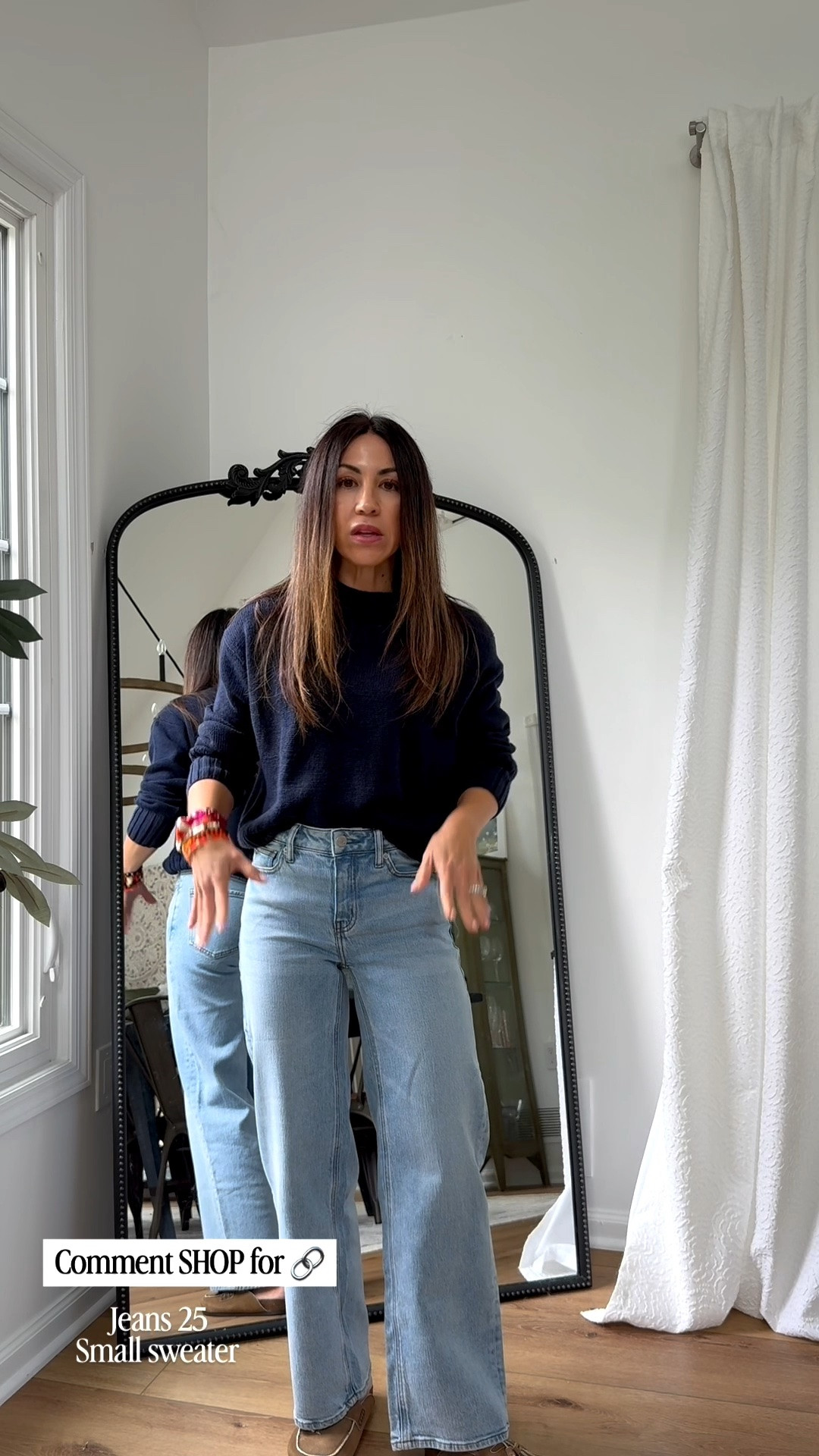 Straight leg jeans, 25. Small navy blue sweater. Mules TTS . Jewelry code HOUSEOFLEO20 . Beaded necklace. Beaded bracelets.

#LTKOver40

#LTKOver40 #LTKPetite