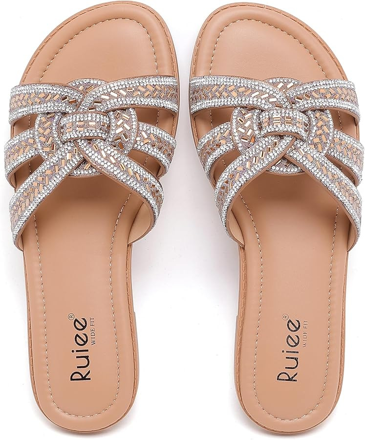 Ruiee Wide Width Sandals for Women, Fashion Slide Sandal Diamond Sparkly Bling Casual Dressy Flat... | Amazon (US)