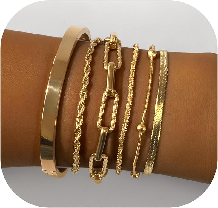 Gold Bracelets for Women, Exquisite 18K and 14K Real Gold-Plated Bracelet Stacking Sets, Waterpro... | Amazon (US)