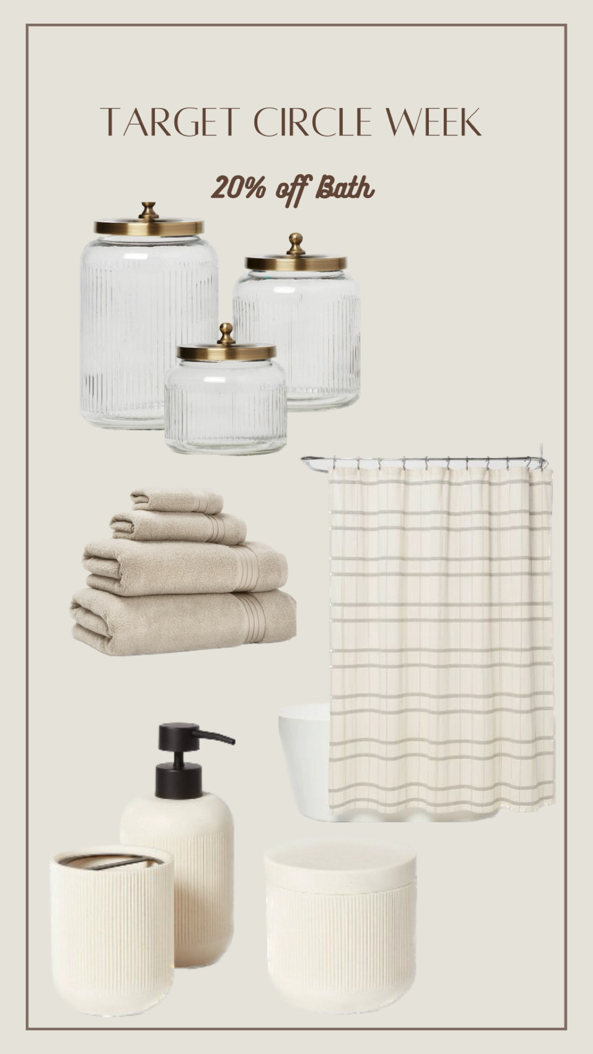 Don’t forget about those guest bathrooms before the holidays! 

Bath is 20% off for Target Circle Week l! 

neutral shower curtain, spa bath towels, modern organic bathroom accessories, fluted glass bathroom canisters, black and gold hardware 

#LTKsalealert #LTKhome #LTKSeasonal