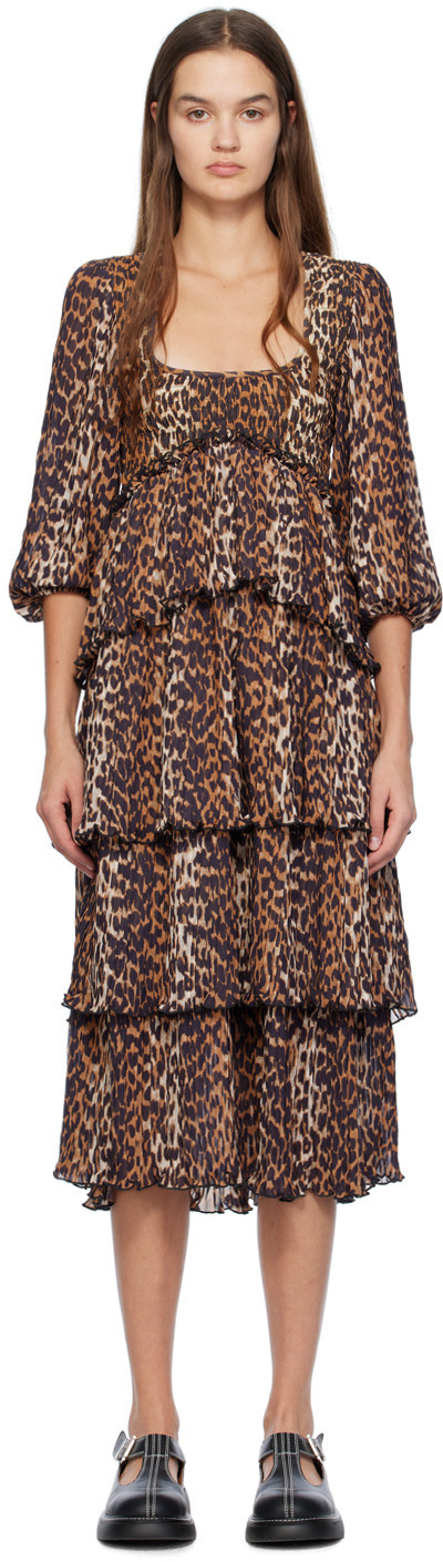 GANNI Brown Printed Midi Dress | SSENSE
