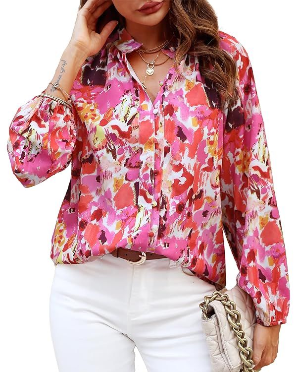 Women's Dressy Blouse Lantern Sleeve Floral Print Button Down Shirts Casual Work Tops Spring Summ... | Amazon (US)