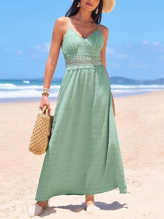 CUPSHE Women Backless Maxi Beach Summer Dress V Neck Lace Cutout Back Tie Spaghetti Strap Casual ... | Amazon (US)