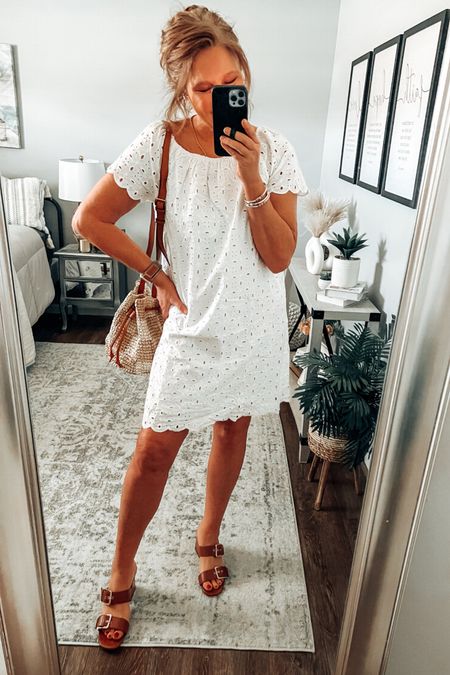 Found this cute eyelet dress at Walmart! Loving 🥰 it for the spring and summer!!  Wearing a large, comes in more colors. Time and Tru heels, crochet tote from Pink Lily, use code MARCH20 for 29% off your order. 

Dresses, Walmart, Walmart fashion, Walmart finds, spring outfit, spring dresses, dress, sandals, handbags, sale, white dress , fashion over 40

#LTKfindsunder50 #LTKstyletip #LTKsalealert